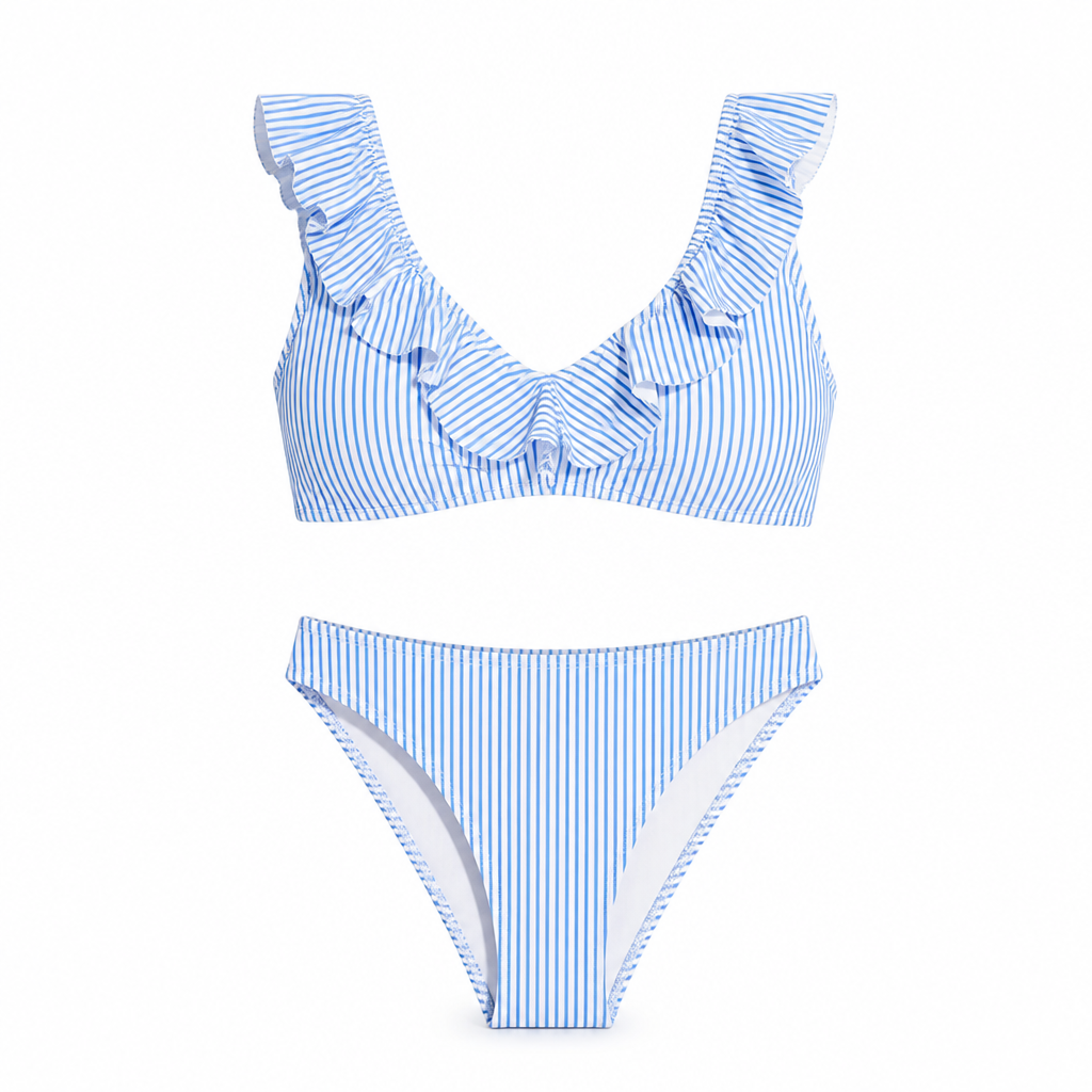 Women's High Waist Bikini Set Cotton-Polyester | Regular Fit | Ruffle Trim, Wireless Top, Striped | Beachwear Summer Swimwear