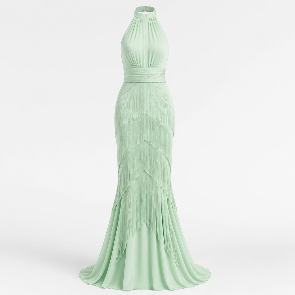 Women's Halter Evening Gown | Polyester Mint Green | Tassel Fishtail with Fitted Waist