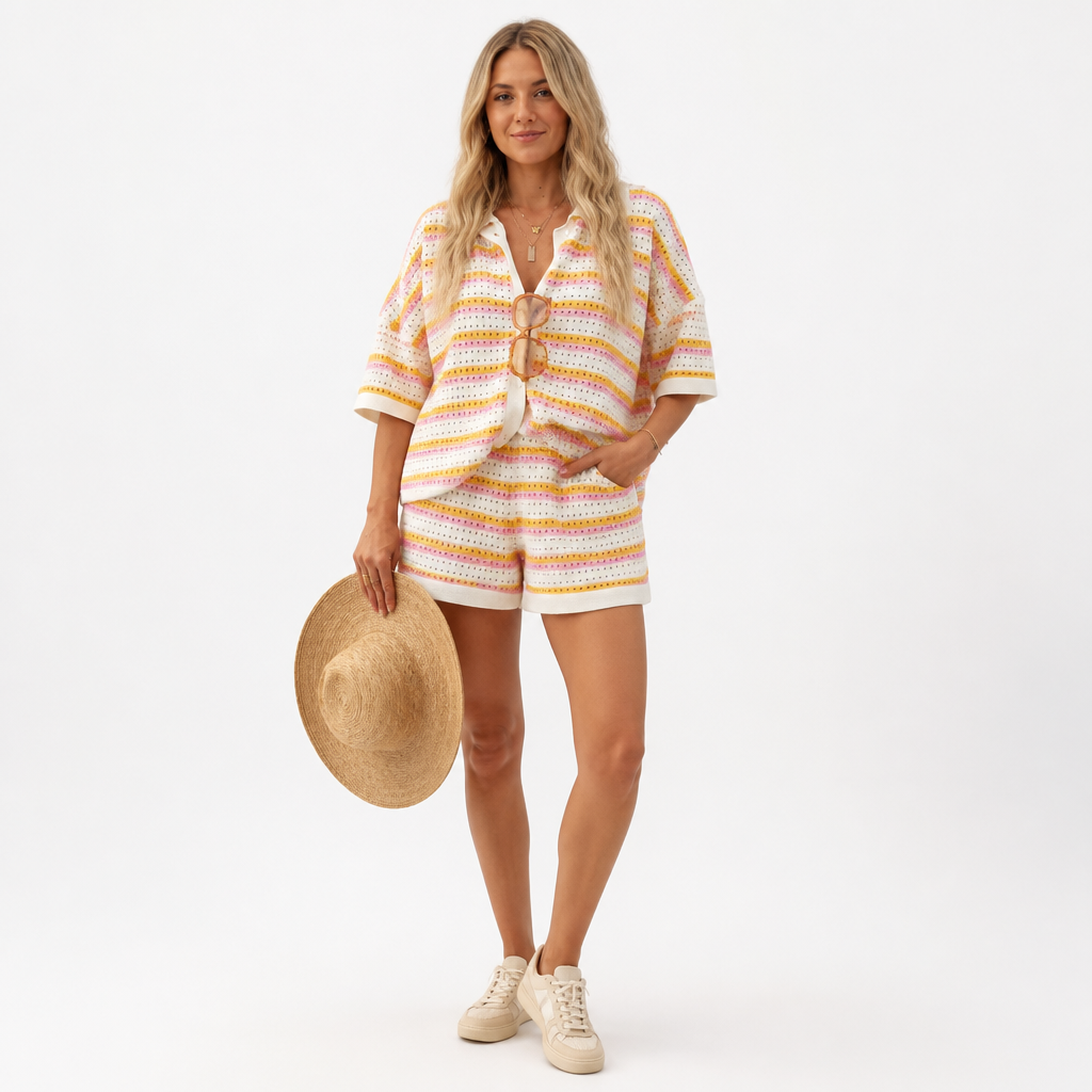 Women's 2-Piece Set | Knit Fabric | Contrast Stripes | Cardigan & Matching Shorts