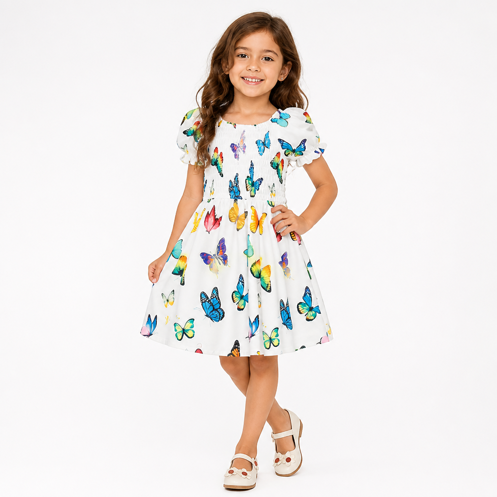 Girls' Breathable Frill-Sleeve Butterfly Print Dress (Ages 1-8)