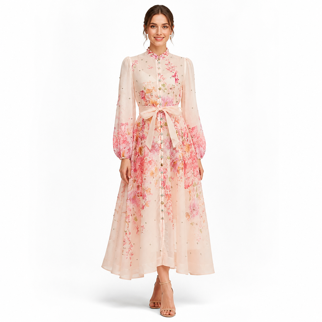 Women's Maxi Dress | Diamond Floral Print | Long Sleeve & High Waist | Flounce Hem, Comfortable Fit