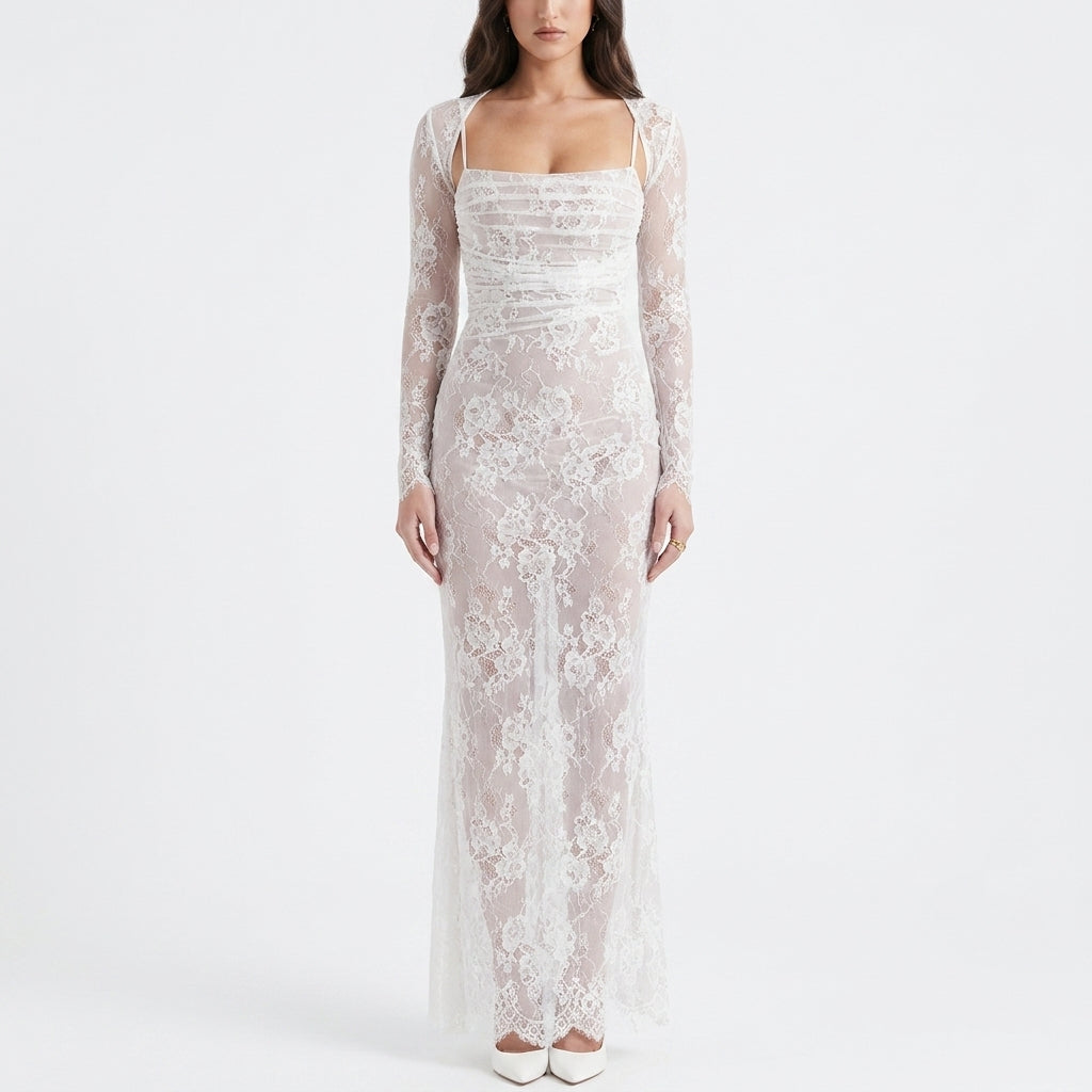 Lace Dress for Women | Long Sleeve Capelet | Drawstring Waist & Lace Embroidery | Comfortable Fit