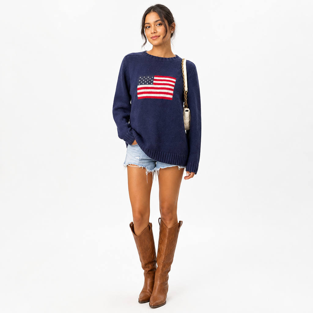 Women's Flag-Inspired Knit Sweater | Regular Fit | Crew Neck, Ribbed Hem & Cuffs, Long Sleeve | Autumn Winter Weekend Wear