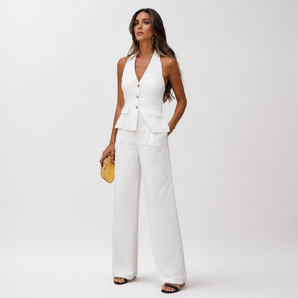 Women's Polyester Backless Jumpsuit | Fitted Bodice, High-Waisted Wide Leg | Full-Length Trousers | Evening Wear