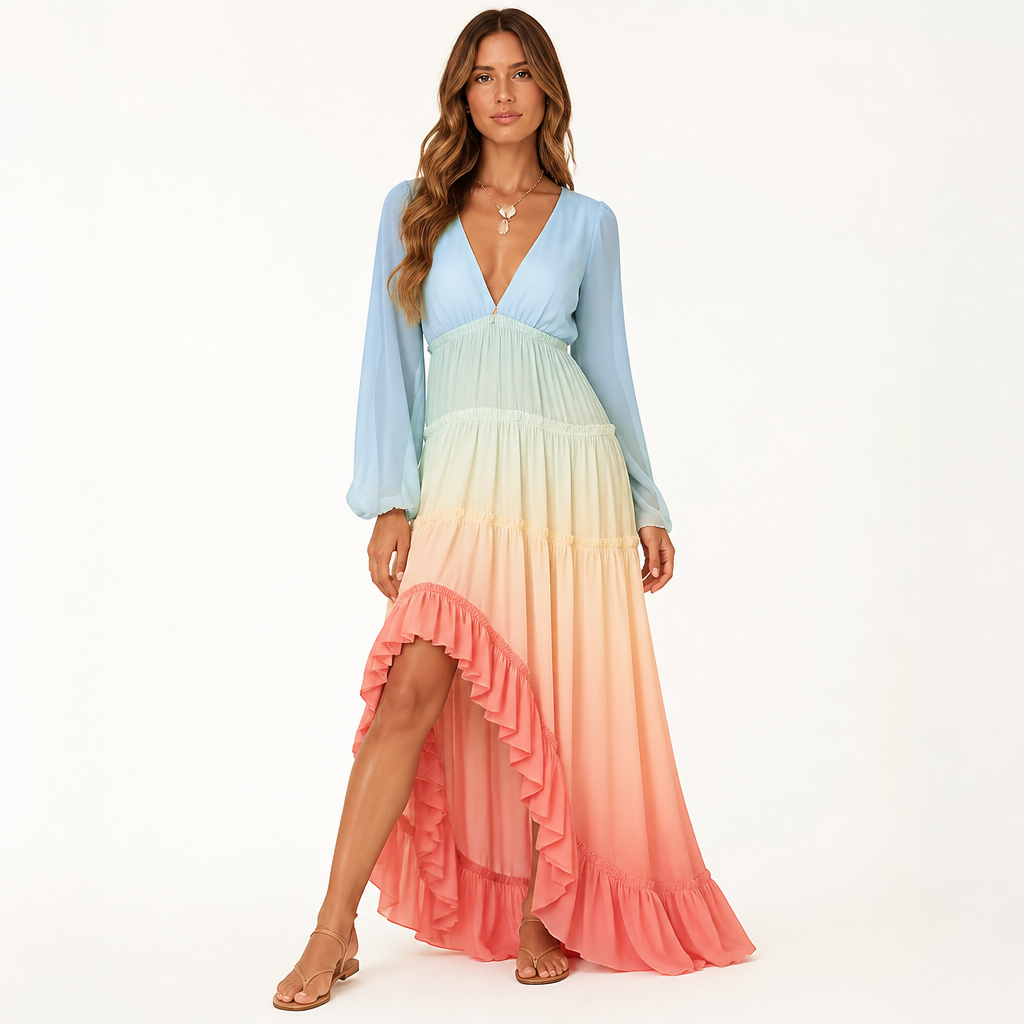 Women's Maxi Dress | Bohemian Gradient Rainbow Print | Patchwork Ruffle Hem