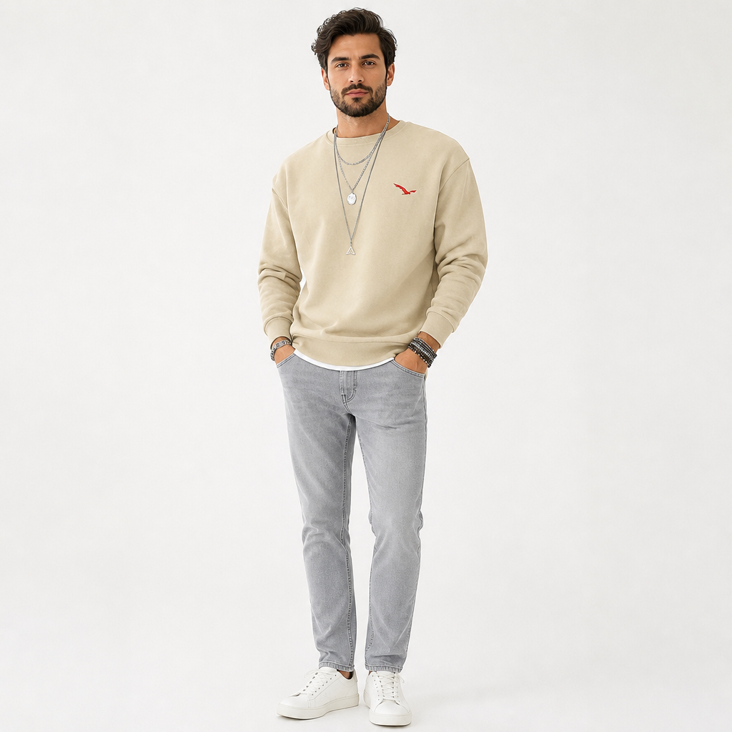 Men's Polyester Crewneck Sweatshirt | Regular Fit | Minimalist Urban, Bird Logo | Casual Streetwear, Winter Layering