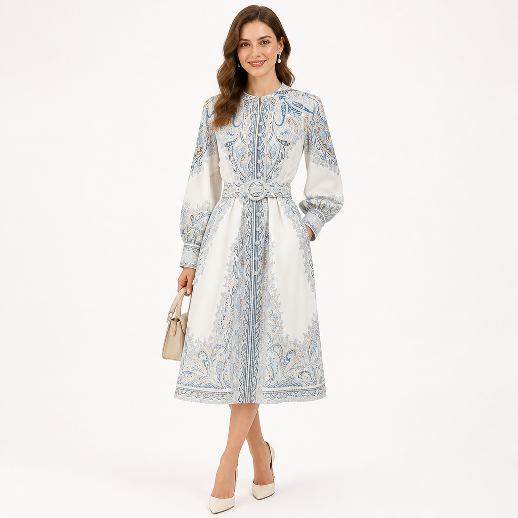 Women's A-line Dress | Floral Print | Belted Waist | Turn-Down Collar