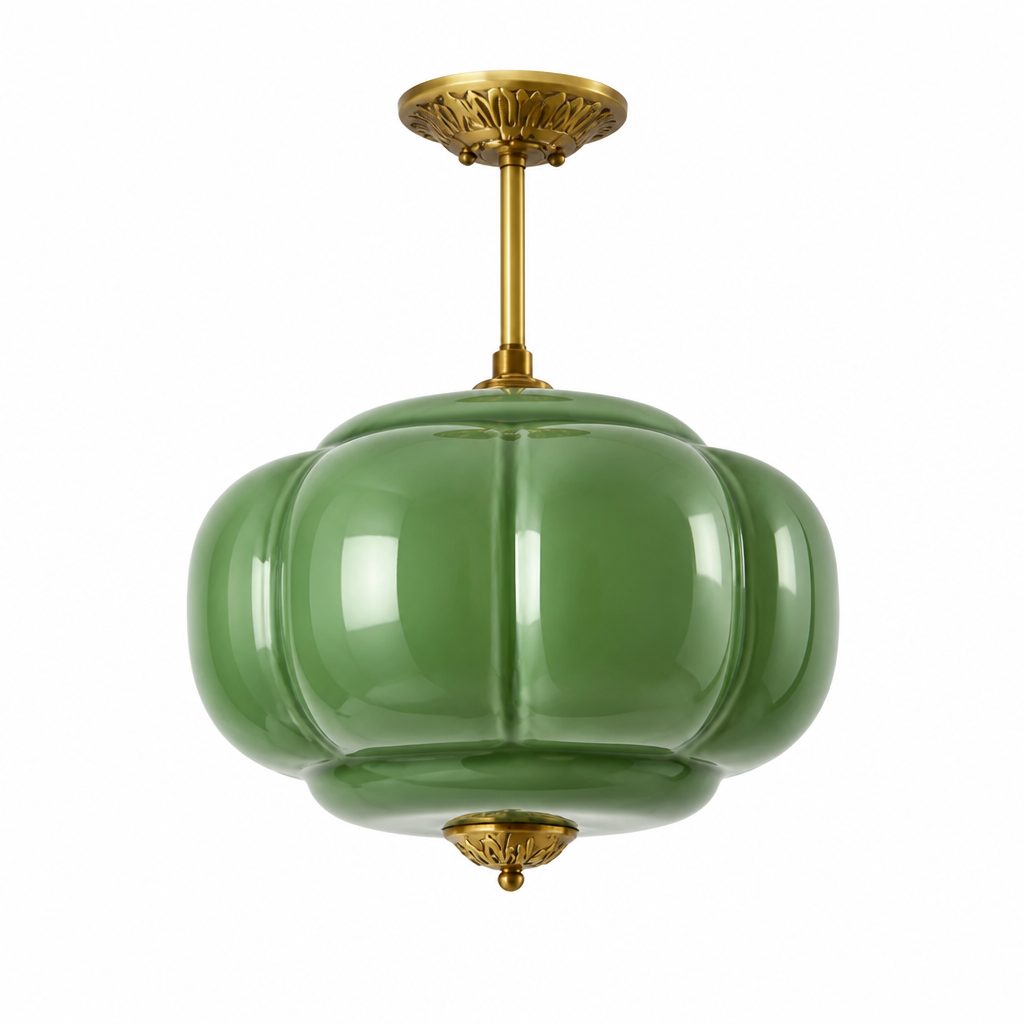 Milk Glass Pendant Light | Vintage Schoolhouse | Hand-Blown Green Glass, Brass Finish