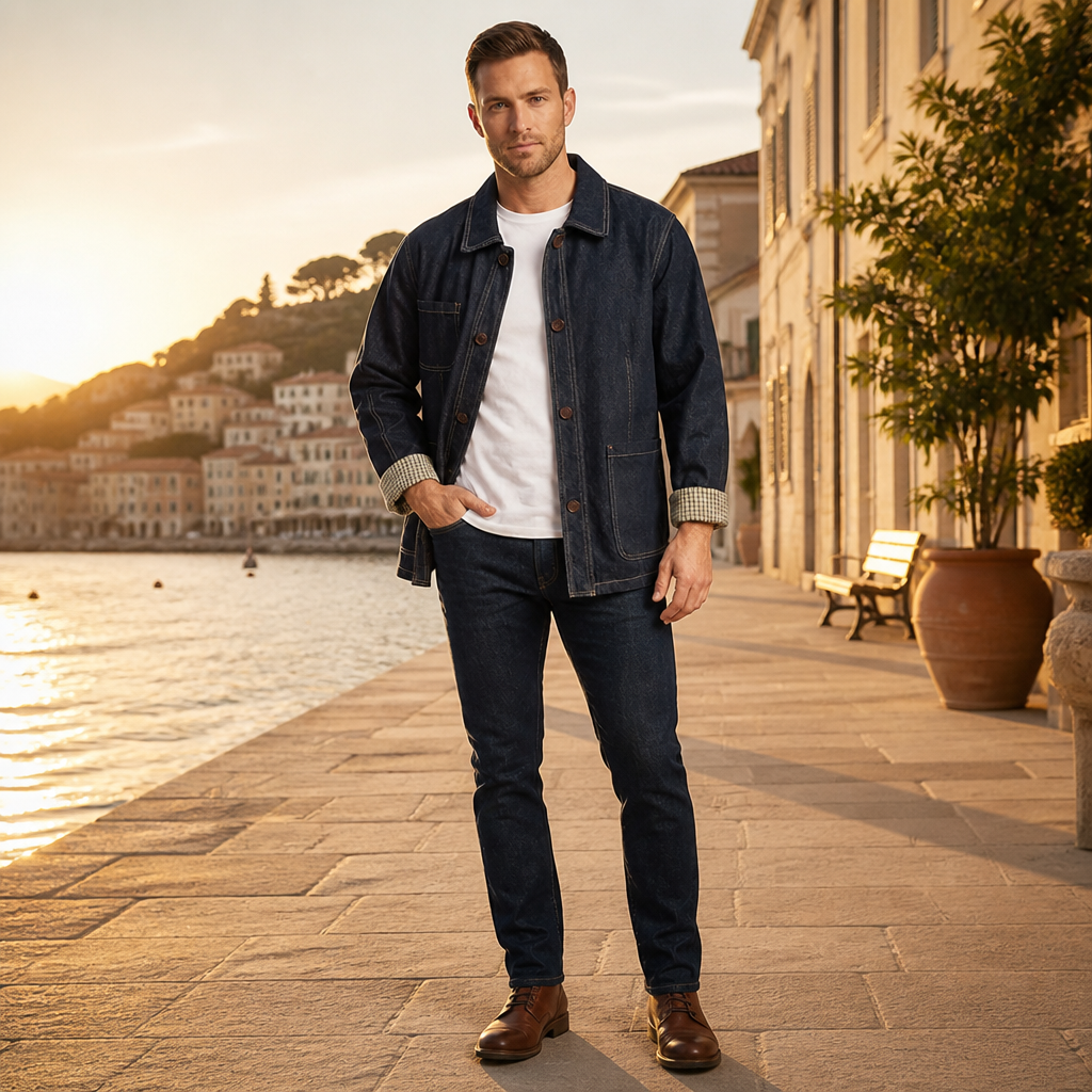 Men's Worker Jacket | Contrast Stitching & Quilted Detail | Patch Pockets & Checkered Cuff