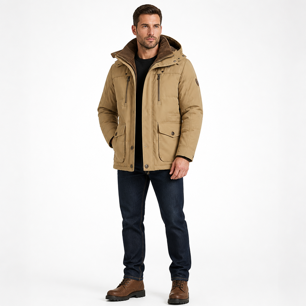 Men's Polyester Waterproof Insulated Hooded Parka | Regular Fit | High Collar, Hood, Multiple Pockets, Adjustable Waist | Workwear