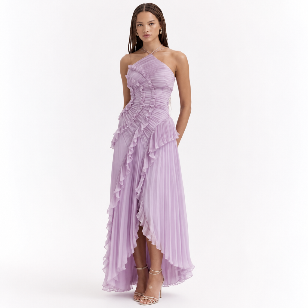 Women's Pleated Maxi Dress | Ruffle Off-Shoulder Layered Style | Floor-Length Wedding & Party