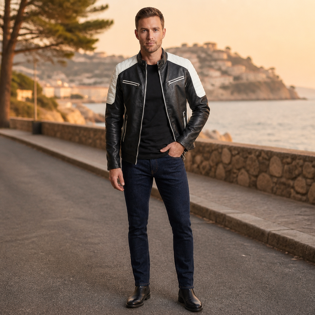 Men's Biker Jacket | Tailored Slim Fit with Quilted Shoulders | Full-Length Zipper & Multiple Zip Pockets