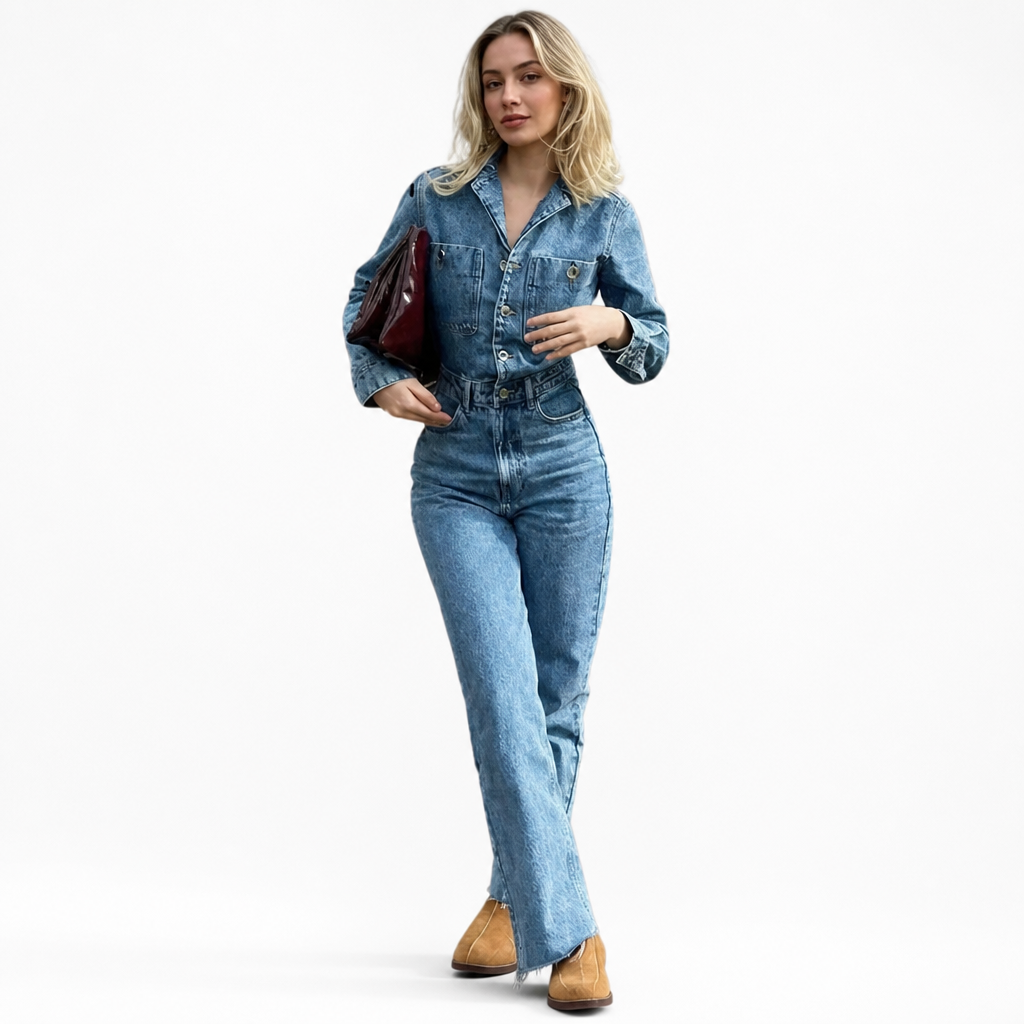 Women's Denim Jumpsuit | Fitted | Long Sleeve, Wide Leg, Pockets, Vintage Style | Smart Casual | Weekend Outfit