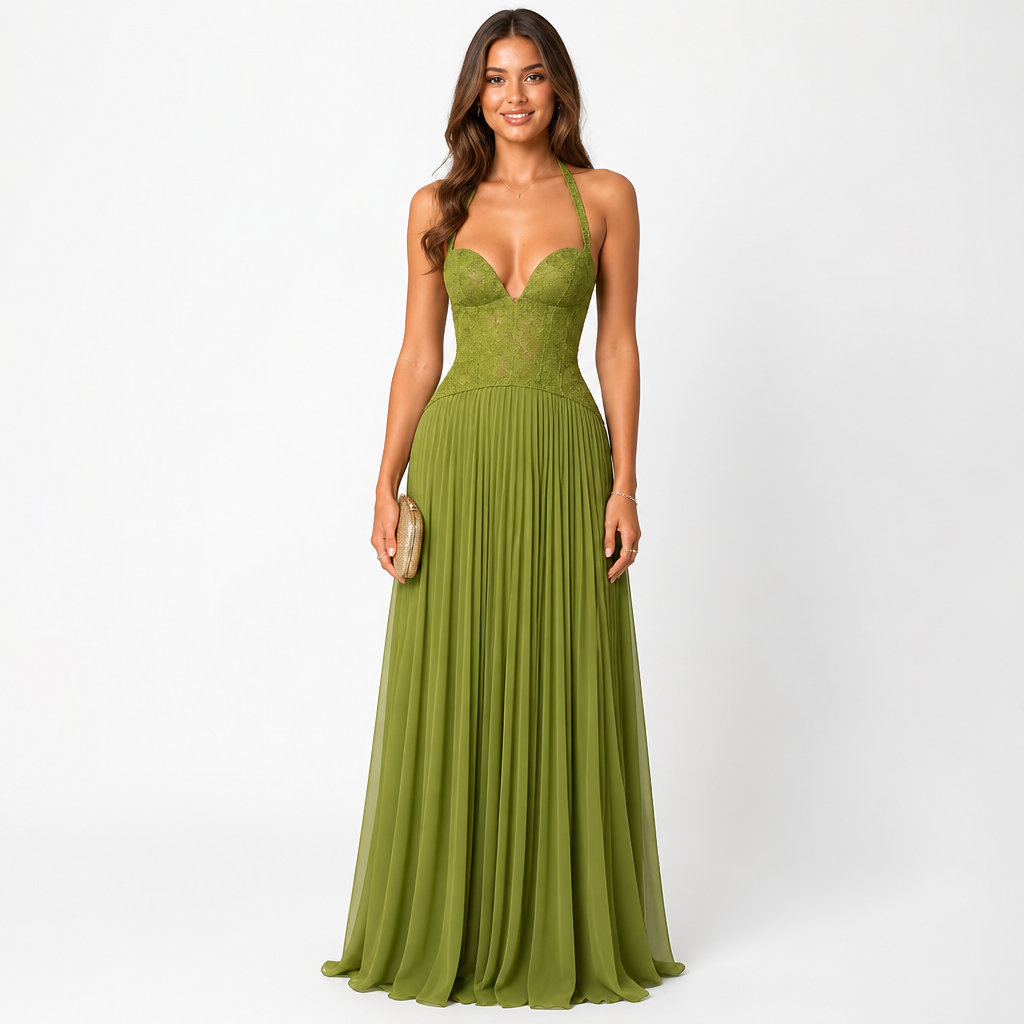 Women's Corset Maxi Dress | Lace & Chiffon | Halter Backless Pleated Evening Gown