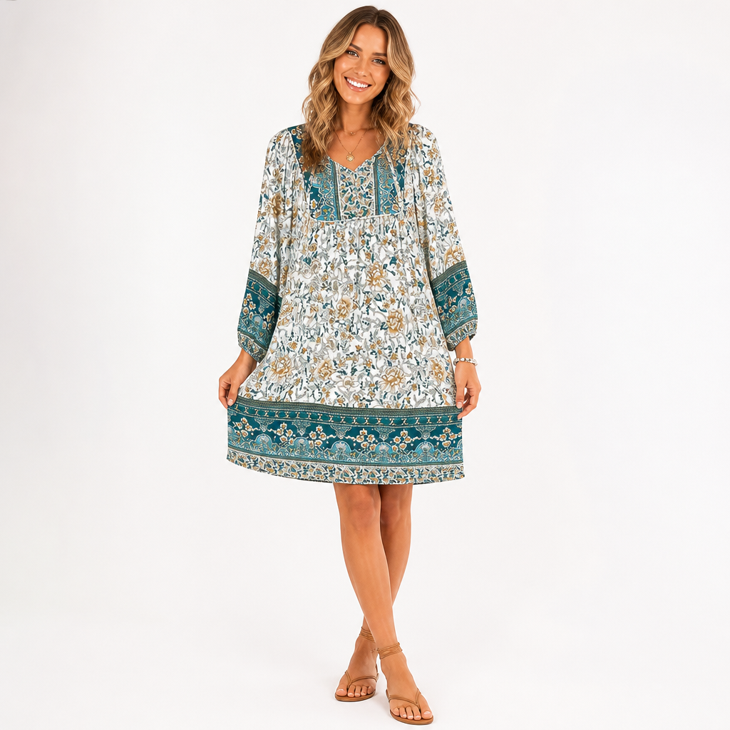 Women's Floral Mini Dress | Relaxed Fit | Bohemian Style, Mini Length | Summer Dress, Holiday Outfit, Wedding Guest