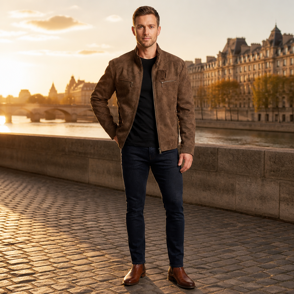 Men's Biker Jacket | Stand Collar | Zip Chest Pockets & Two-Way Zipper | Slim Fit