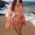 Elegant Deep V Neck Chiffon Short Dress Women Fashion Floral Print Slim Mini Dress Casual Flare Sleeve Ruffle Draped Party Dress