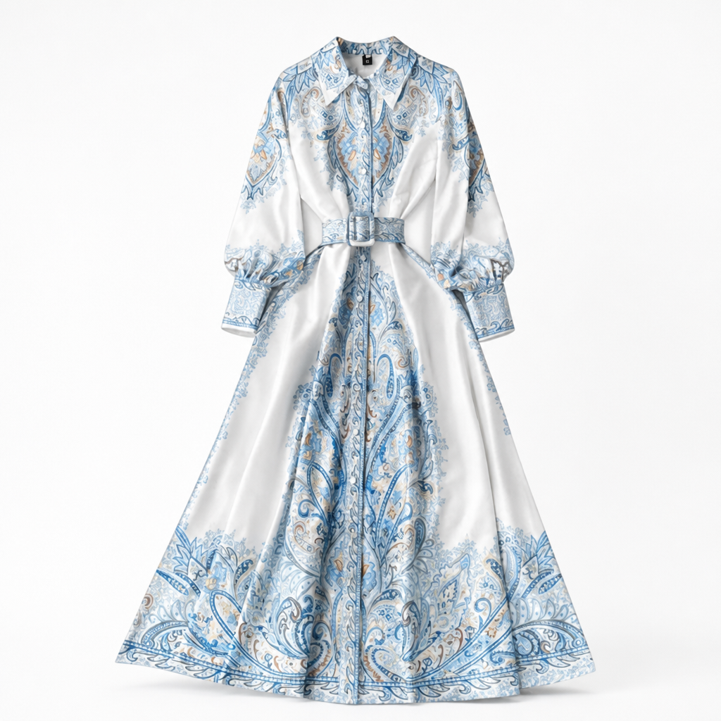 Women's A-line Dress | Floral Print | Belted Waist | Turn-Down Collar