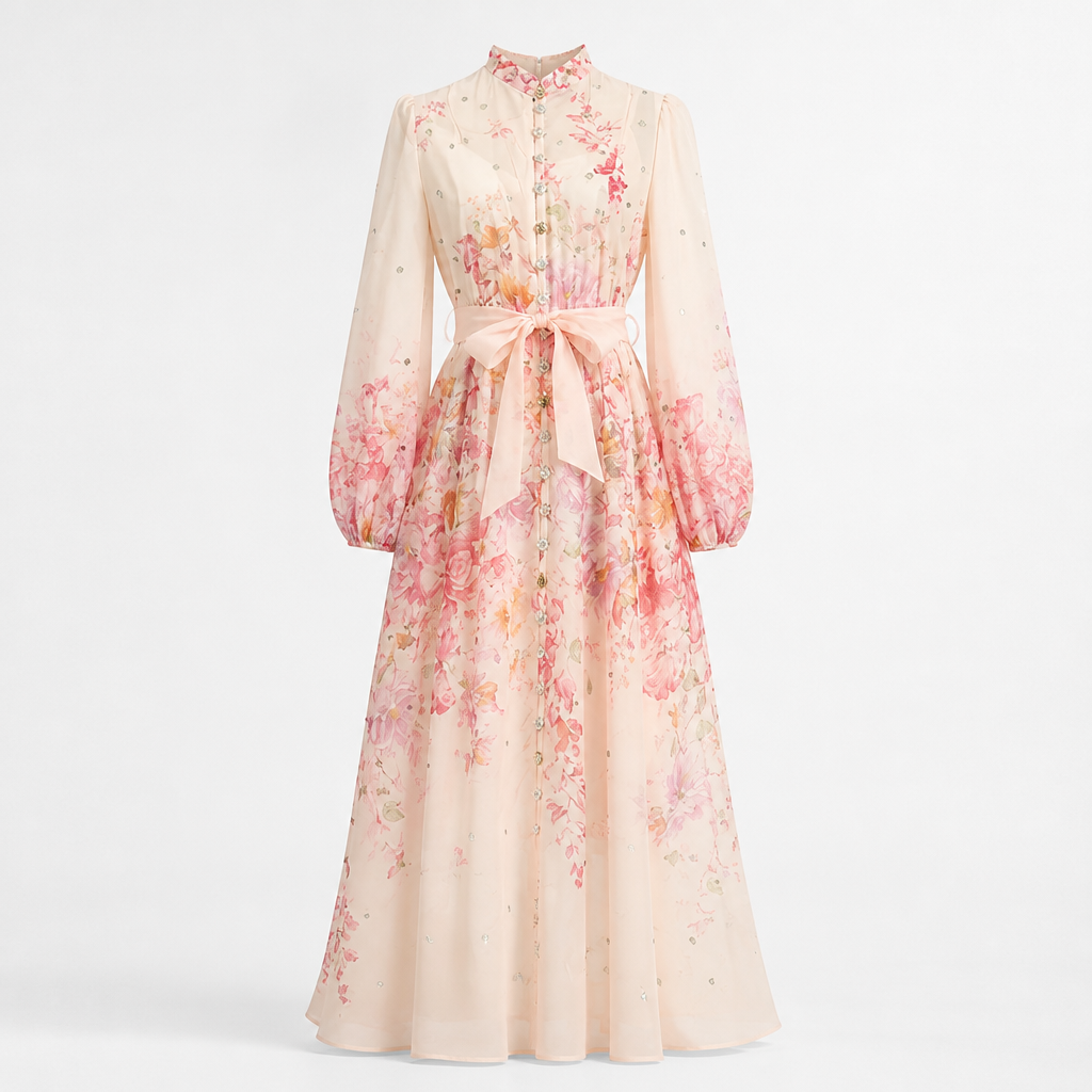 Women's Maxi Dress | Diamond Floral Print | Long Sleeve & High Waist | Flounce Hem, Comfortable Fit