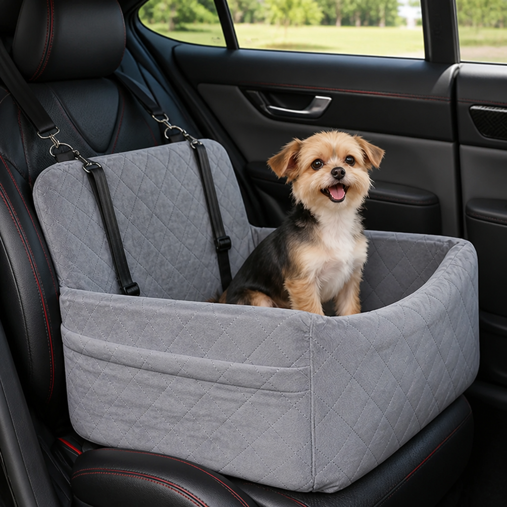 DogBedHouse Quilted Washable Oxford & Safety Belt Dog Car Seat (Removable Cushion)
