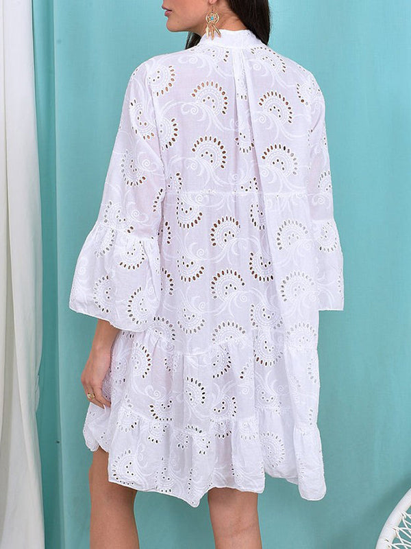 A-line mini dress with V-neck, trumpet sleeves, and button accent