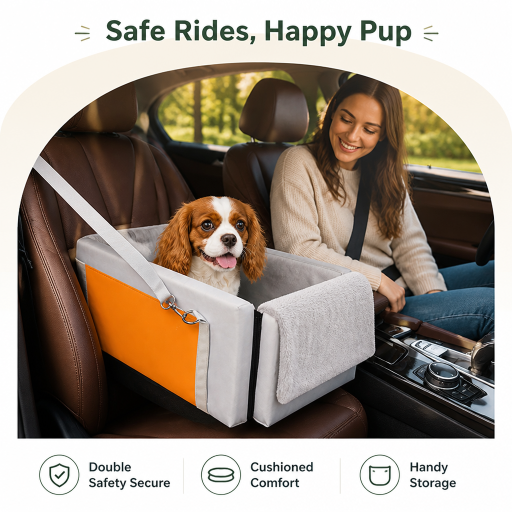 DogBedHouse Double-Belt Safety & Padded Car Booster Seat (Armrest Console)