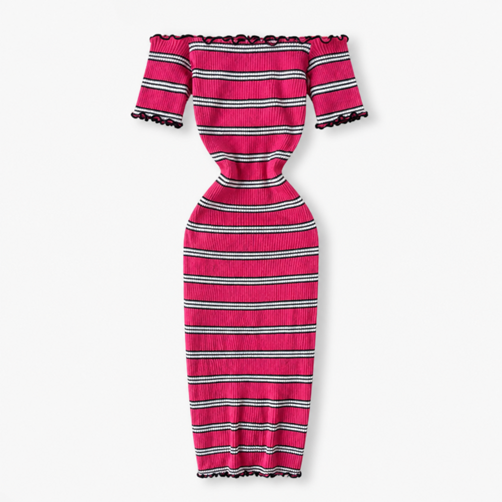 Women's Wrap Sundress | Knitted Fabric | Slash-Neck Striped Bodycon | Short Sleeve