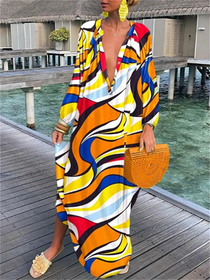 Avencea | V-Neck Linen Dress with Print