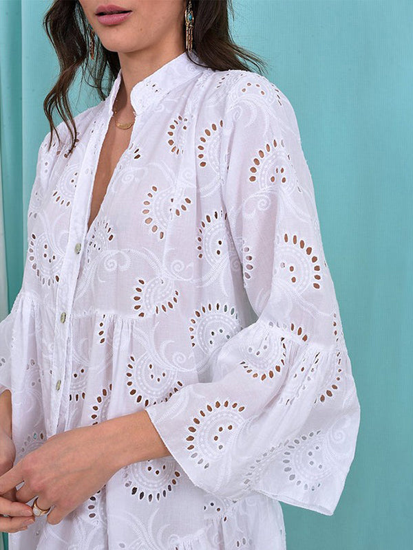 A-line mini dress with V-neck, trumpet sleeves, and button accent