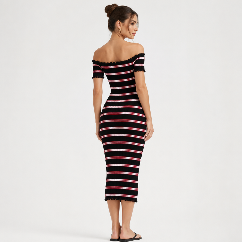 Women's Wrap Sundress | Knitted Fabric | Slash-Neck Striped Bodycon | Short Sleeve