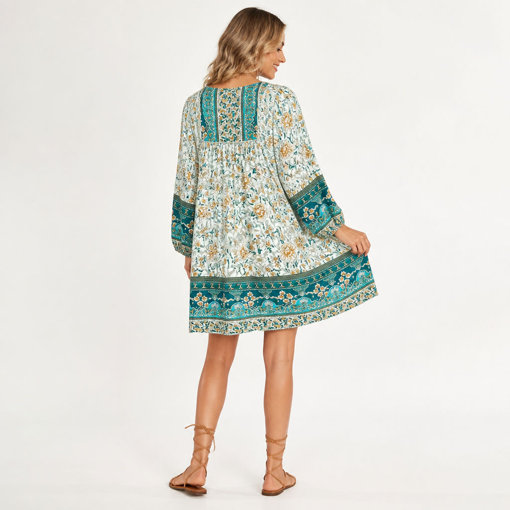 Women's Floral Mini Dress | Relaxed Fit | Bohemian Style, Mini Length | Summer Dress, Holiday Outfit, Wedding Guest