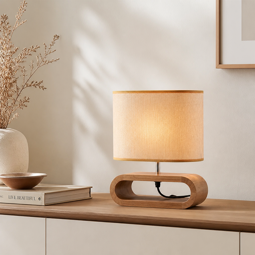 Bedside Table Lamp | Nordic Minimalist Design | Wood Base & Fabric Shade | Warm Ambient Lighting