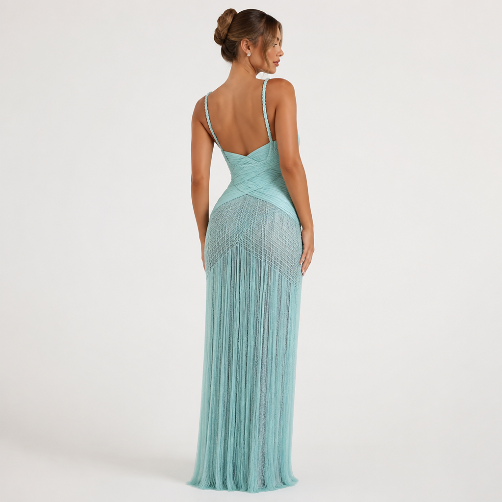 Women's Halter Evening Gown | Polyester Mint Green | Tassel Fishtail with Fitted Waist