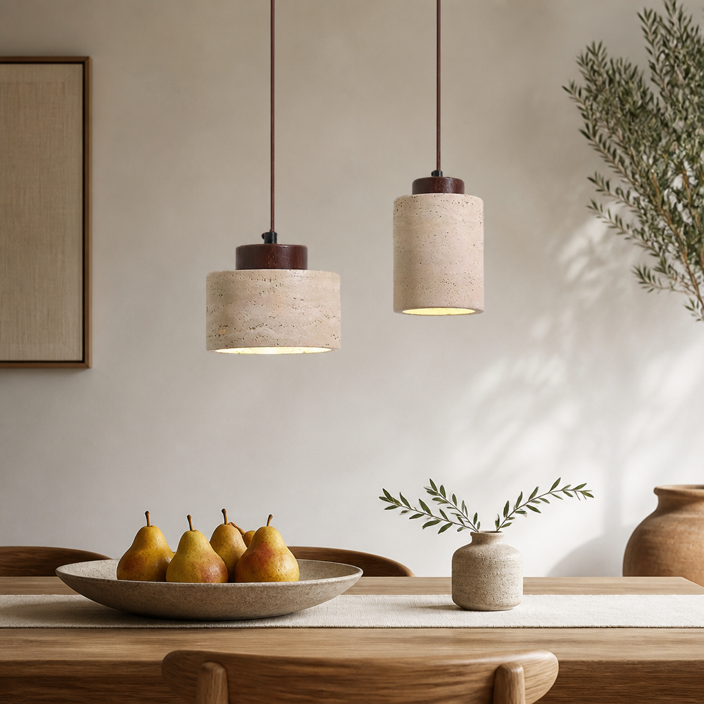 Pendant Light | Modern Travertine Stone Design | Walnut Wood Canopy | Bedroom Dining Kitchen