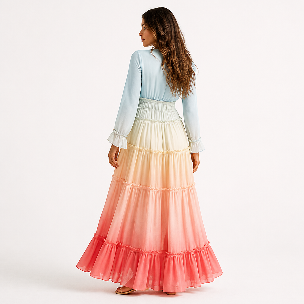 Women's Maxi Dress | Bohemian Gradient Rainbow Print | Patchwork Ruffle Hem