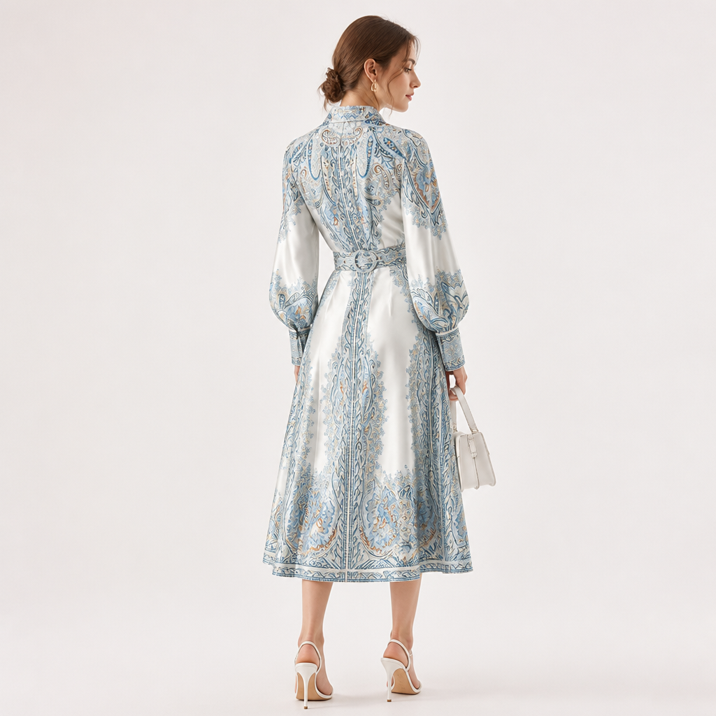 Women's A-line Dress | Floral Print | Belted Waist | Turn-Down Collar