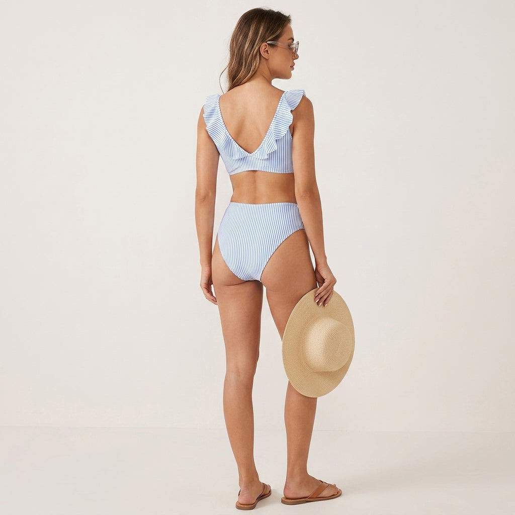 Women's High Waist Bikini Set Cotton-Polyester | Regular Fit | Ruffle Trim, Wireless Top, Striped | Beachwear Summer Swimwear