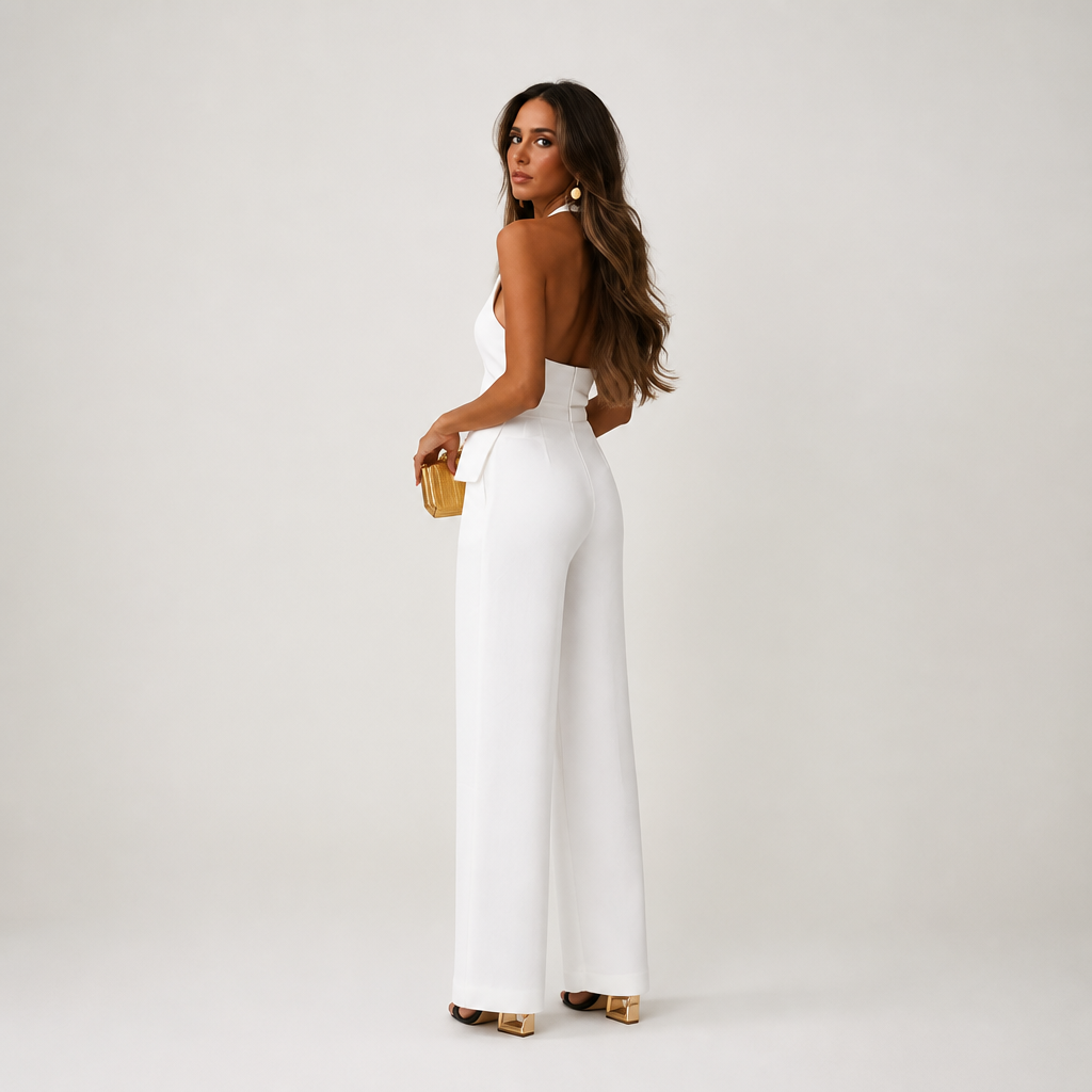Women's Polyester Backless Jumpsuit | Fitted Bodice, High-Waisted Wide Leg | Full-Length Trousers | Evening Wear