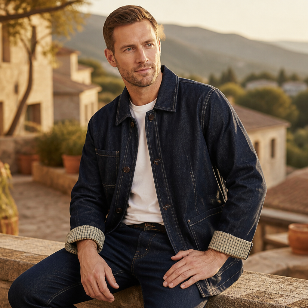 Men's Worker Jacket | Contrast Stitching & Quilted Detail | Patch Pockets & Checkered Cuff