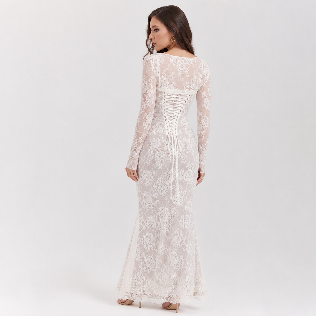 Lace Dress for Women | Long Sleeve Capelet | Drawstring Waist & Lace Embroidery | Comfortable Fit
