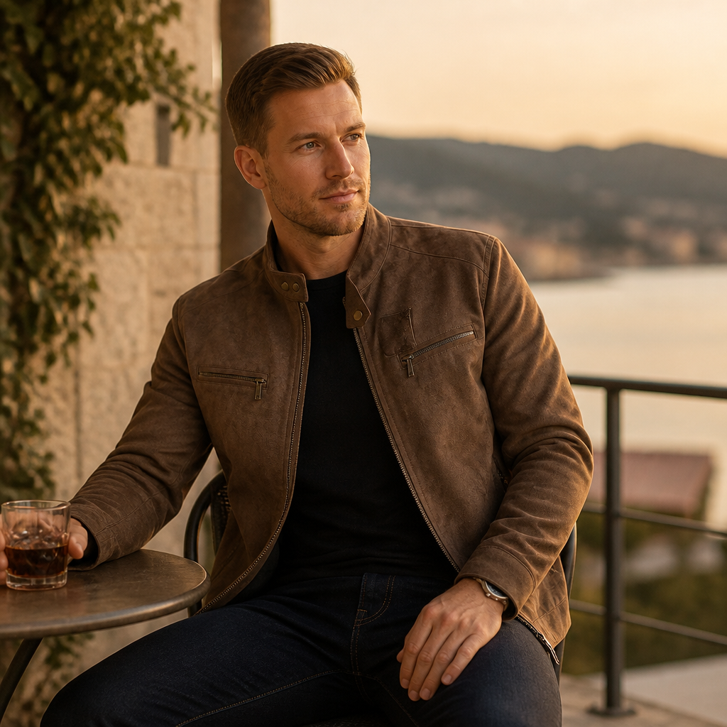 Men's Biker Jacket | Stand Collar | Zip Chest Pockets & Two-Way Zipper | Slim Fit