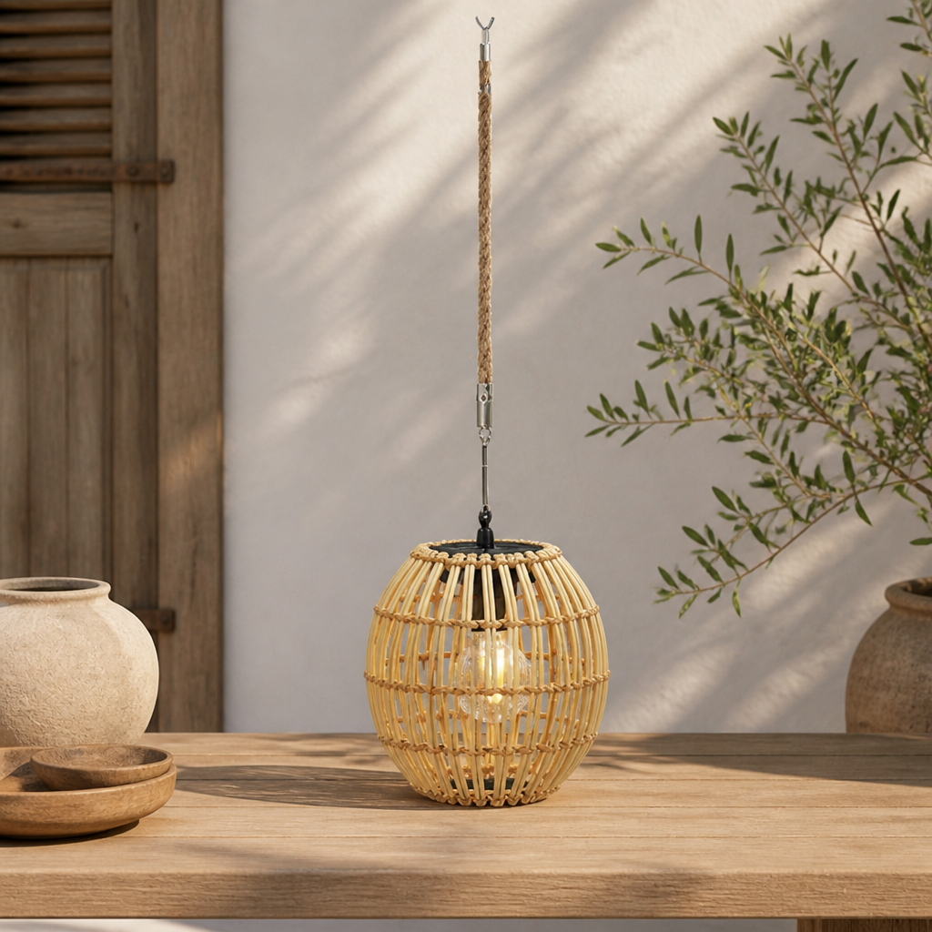 Outdoor Hanging Light | Solar-Powered LED Lantern | Woven Iron Frame, Vintage Yellow, 29×19 cm