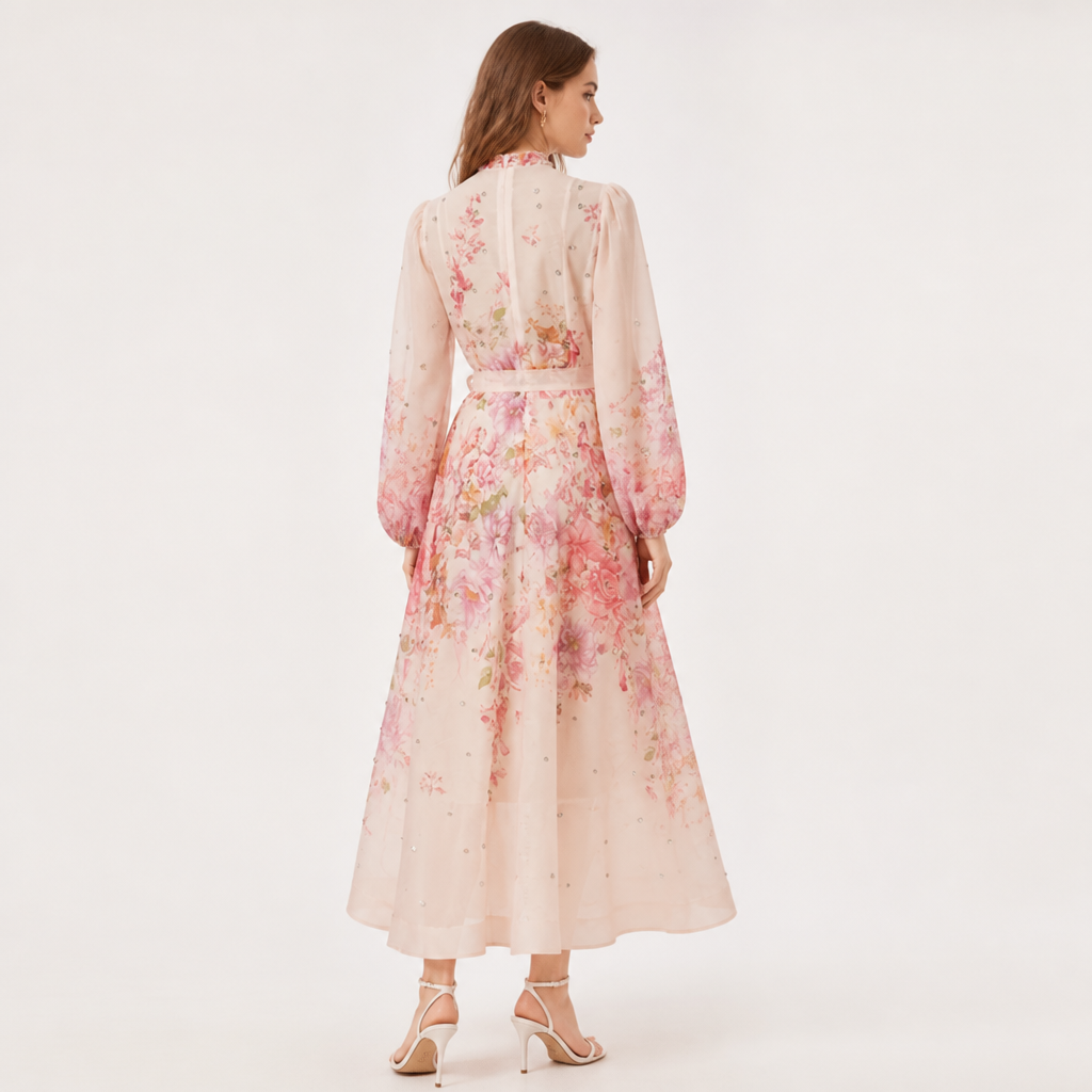 Women's Maxi Dress | Diamond Floral Print | Long Sleeve & High Waist | Flounce Hem, Comfortable Fit