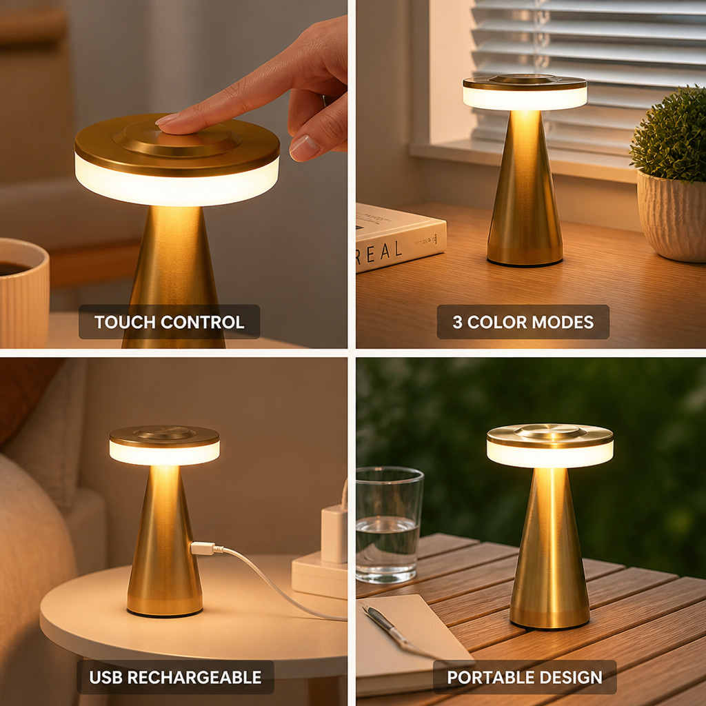 Mushroom LED Table Lamp | Touch Sensor & Color-Adjustable | USB Rechargeable Bedside Light