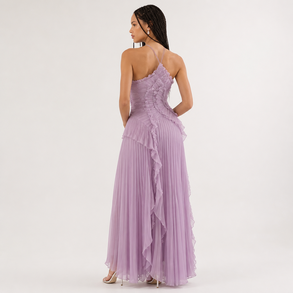 Women's Pleated Maxi Dress | Ruffle Off-Shoulder Layered Style | Floor-Length Wedding & Party