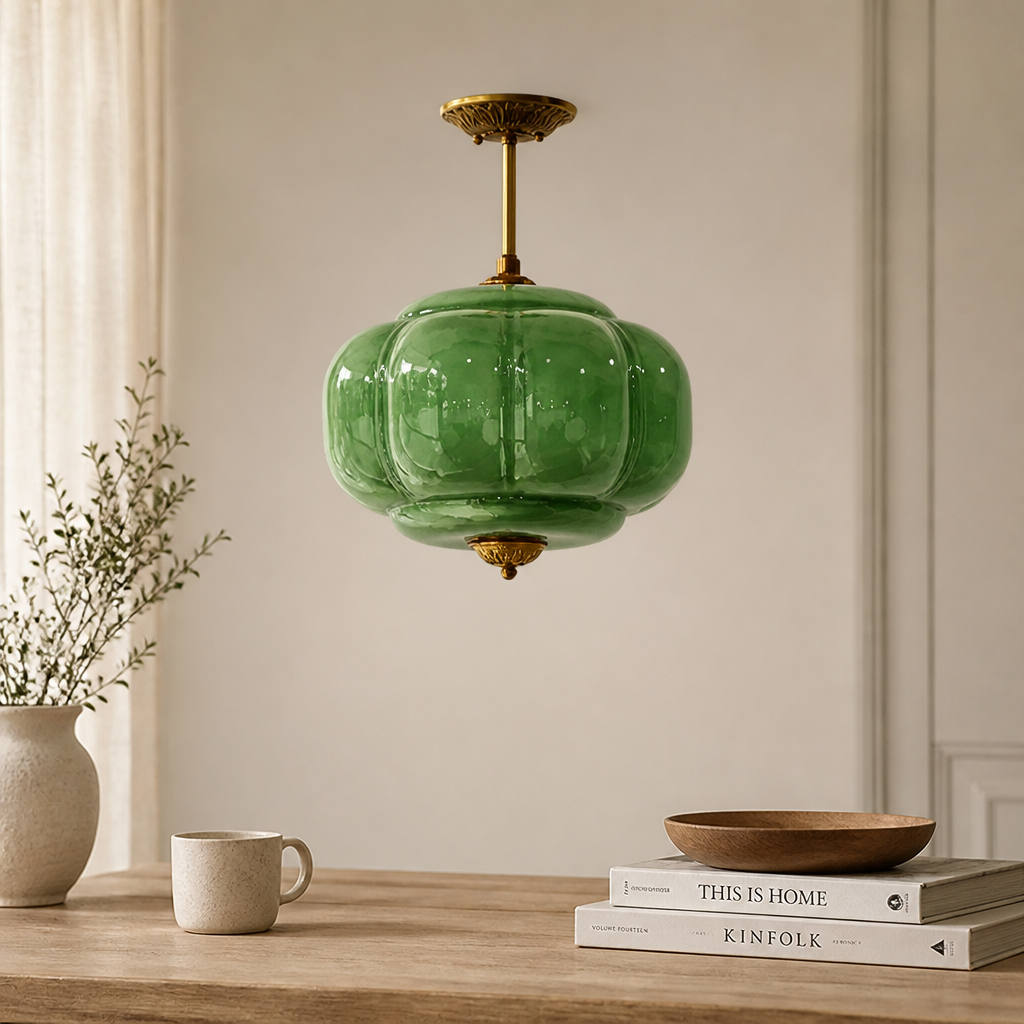 Milk Glass Pendant Light | Vintage Schoolhouse | Hand-Blown Green Glass, Brass Finish
