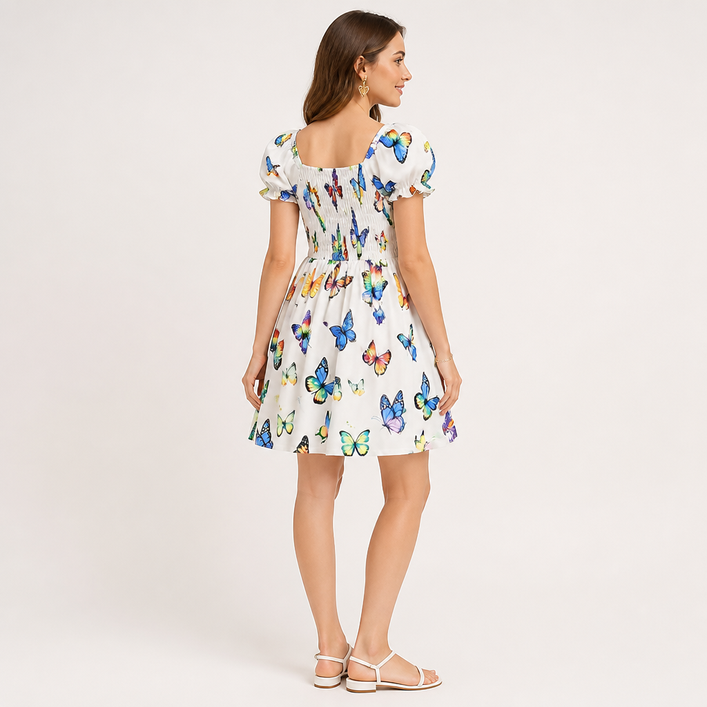Girls' Breathable Frill-Sleeve Butterfly Print Dress (Ages 1-8)