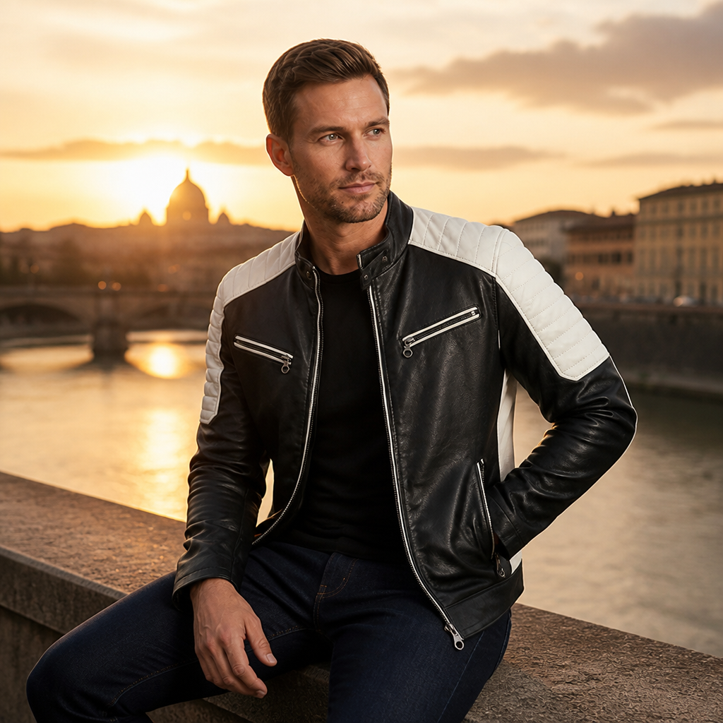 Men's Biker Jacket | Tailored Slim Fit with Quilted Shoulders | Full-Length Zipper & Multiple Zip Pockets