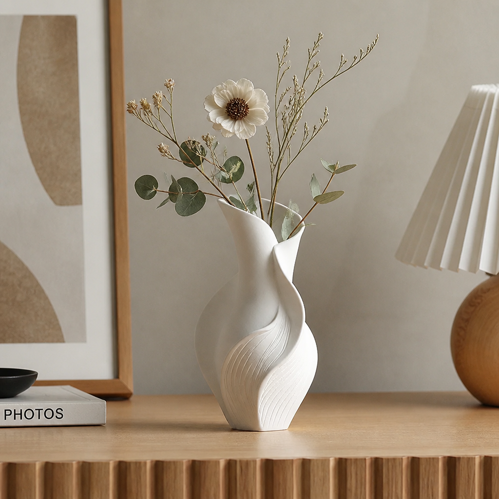 Keramikvase 18cm | Nordisches abstraktes Grasdesign | Getrocknete & echte Blumen | Schreibtisch- & Wohnzimmerdekoration