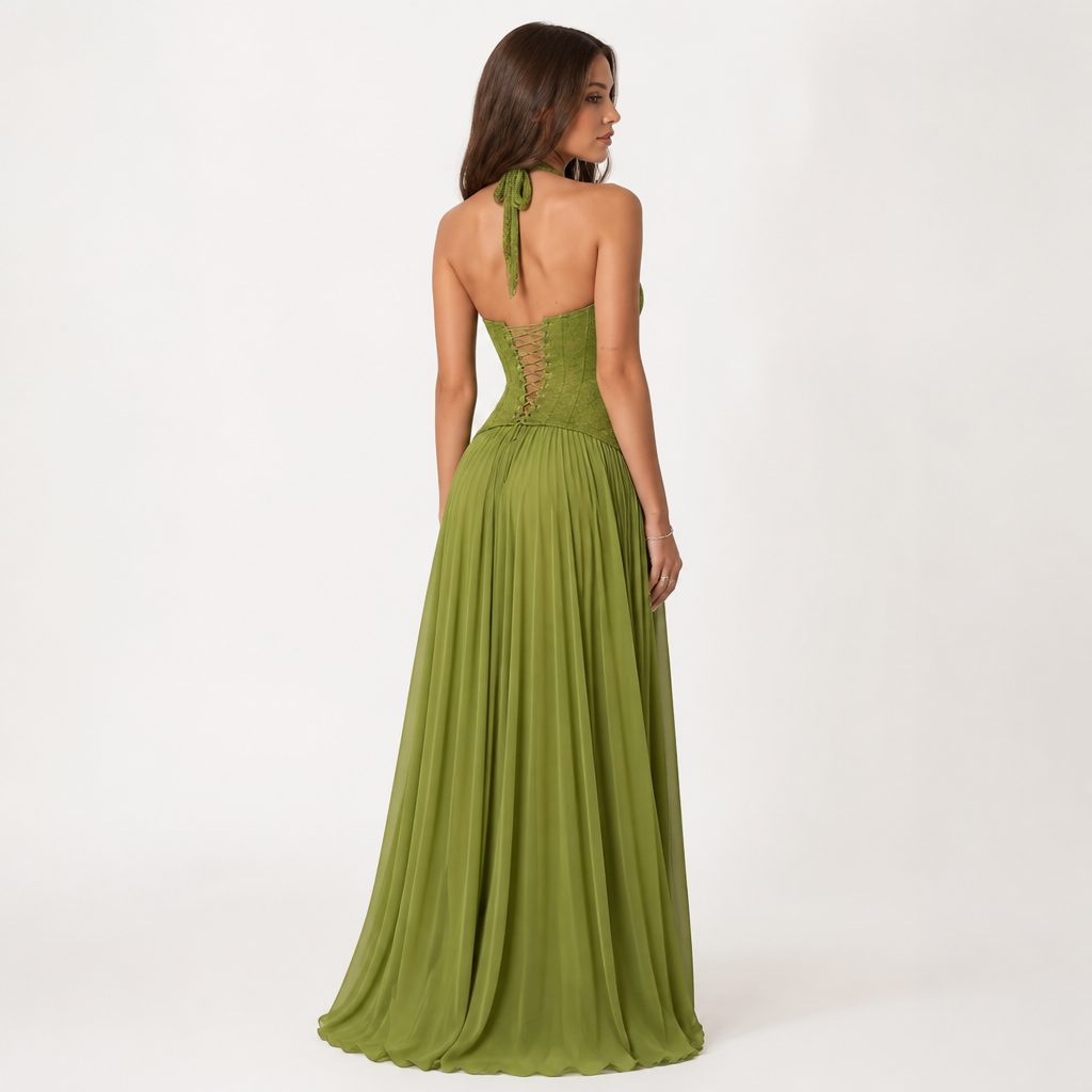 Women's Corset Maxi Dress | Lace & Chiffon | Halter Backless Pleated Evening Gown